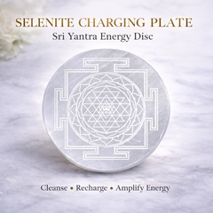 SELENITE PLATE WITH SHRI YANTRA ENGRAVED (STONE OF MENTAL CLARITY) SIZE: 3 INCHES ROUND SHAPE