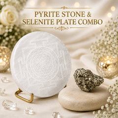 COMBO PYRITE STONE (100-150 GMS) AND SELENITE PLATE WITH SHRI YANTRA ENGRAVED