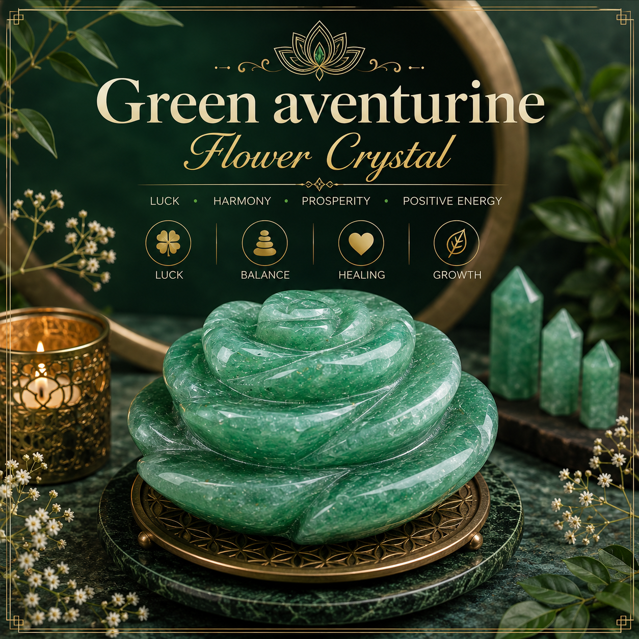 GREEN AVENTURINE CRYSTAL FLOWER (STONE OF OPPORTUNITY) SIZE: 2 INCHES, 70-80 GMS