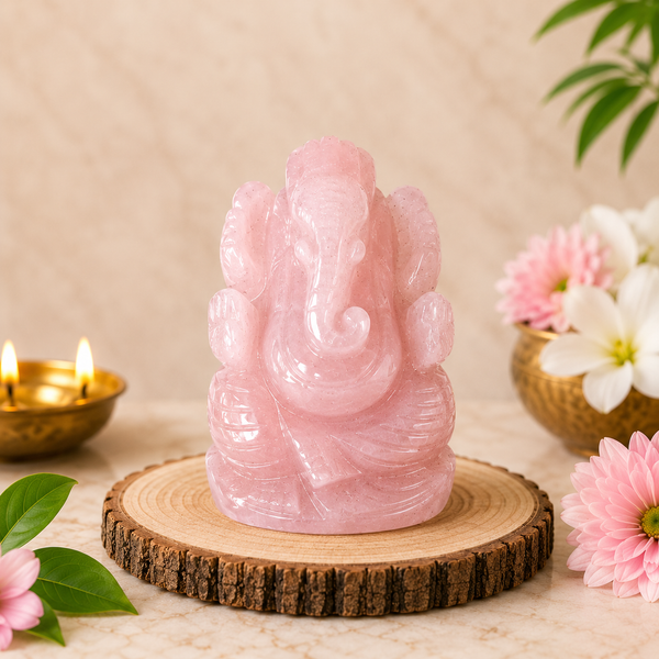 ROSE QUARTZ CRYSTAL GANESH JI (LOVE STONE) SIZE: 2 INCHES, 80-100 GMS