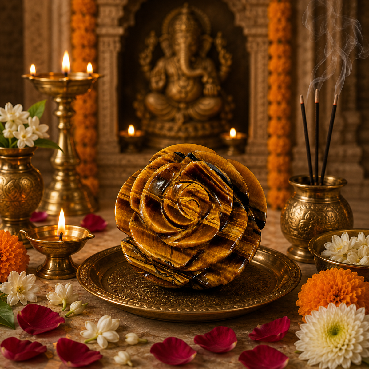 TIGER EYE CRYSTAL FLOWER (STONE OF BUSINESS) SIZE: 2 INCHES, 50-80 GMS