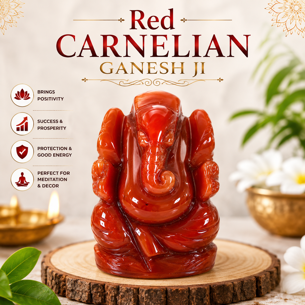 RED CARNELIAN CRYSTAL GANESH JI (STONE OF MOTIVATION AND COURAGE) SIZE: 2 INCHES, 80-90 GMS