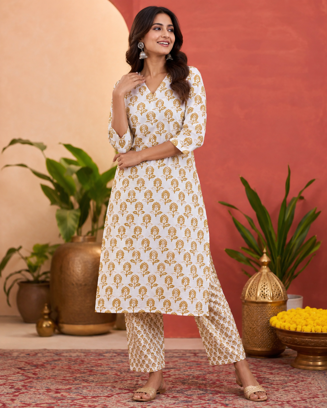Cotton White Buti Print Top & Bottom Set