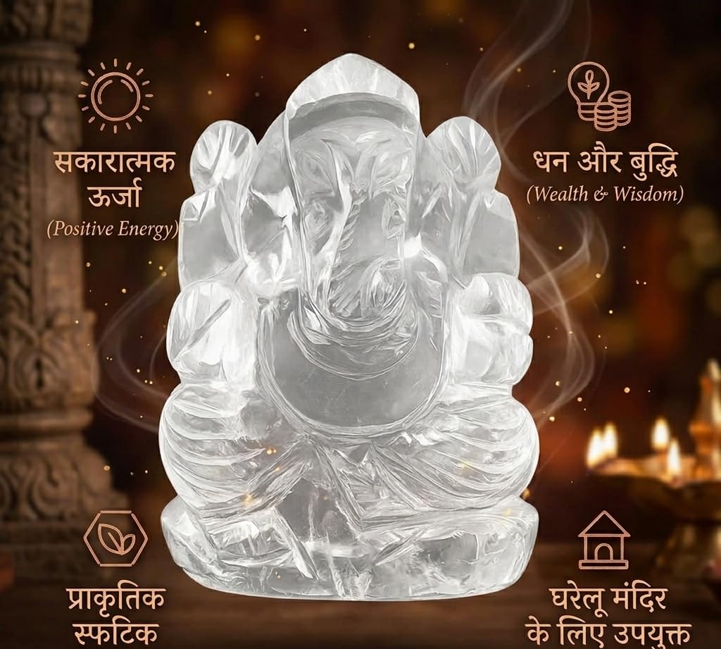 CLEAR QUARTZ CRYSTAL GANESH JI (STONE OF POWER) SIZE: 2 INCHES, 60-80 GMS