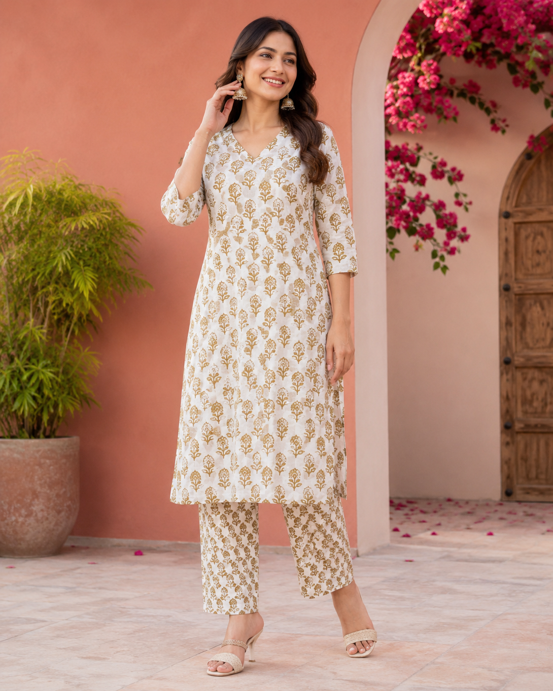Cotton White Buti Print Top & Bottom Set