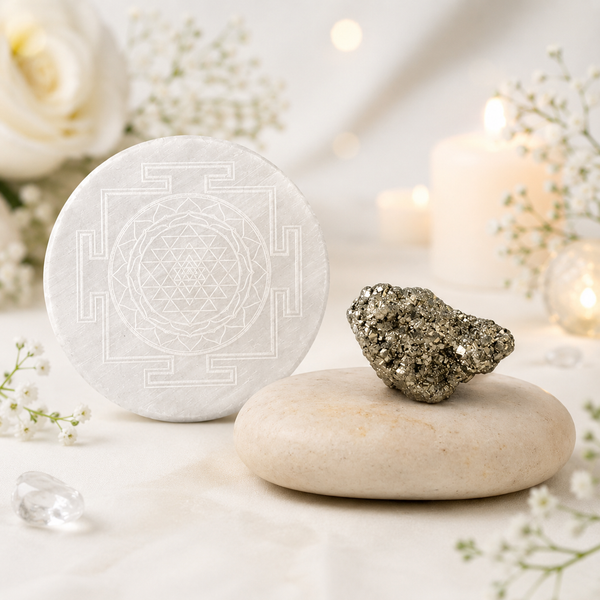 COMBO PYRITE STONE (100-150 GMS) AND SELENITE PLATE WITH SHRI YANTRA ENGRAVED