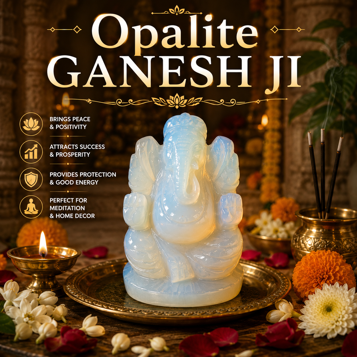 OPALITE CRYSTAL GANESH JI (MOON STONE)  SIZE: 2 INCHES, 90-100 GMS