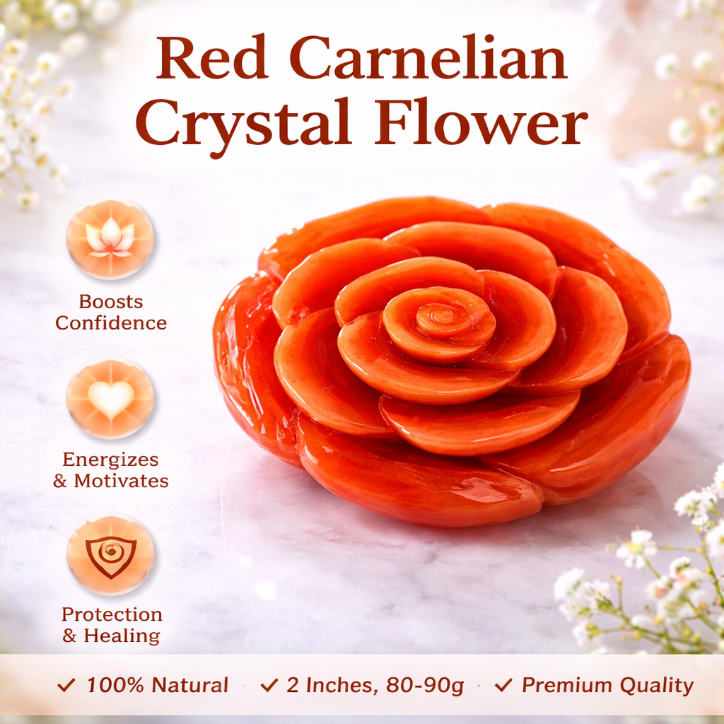RED CARNELIAN CRYSTAL FLOWER  (STONE OF MOTIVATION AND COURAGE) SIZE: 2 INCHES, 80-90 GMS
