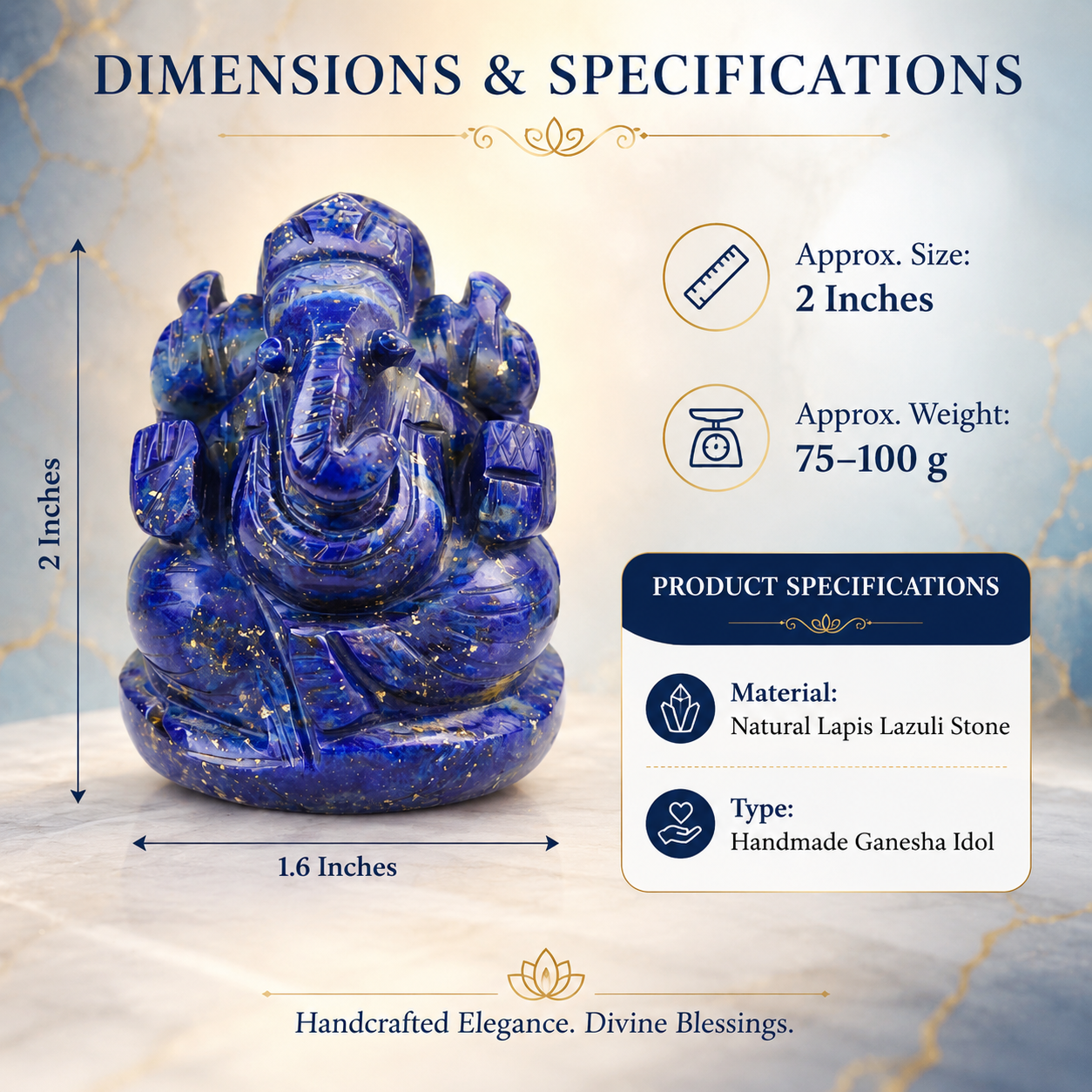 LAPIS LAZULI CRYSTAL GANESH JI (STONE OF GOD) SIZE: 2 INCHES, 80-100 GMS