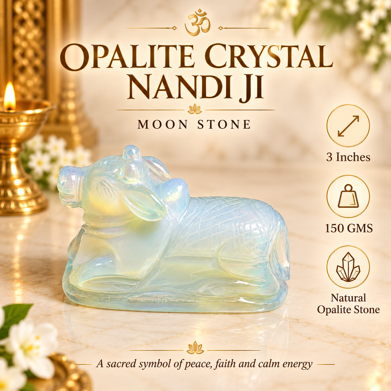 OPALITE CRYSTAL NANDI JI (MOON STONE)  SIZE: 3 INCHES, 150 GMS