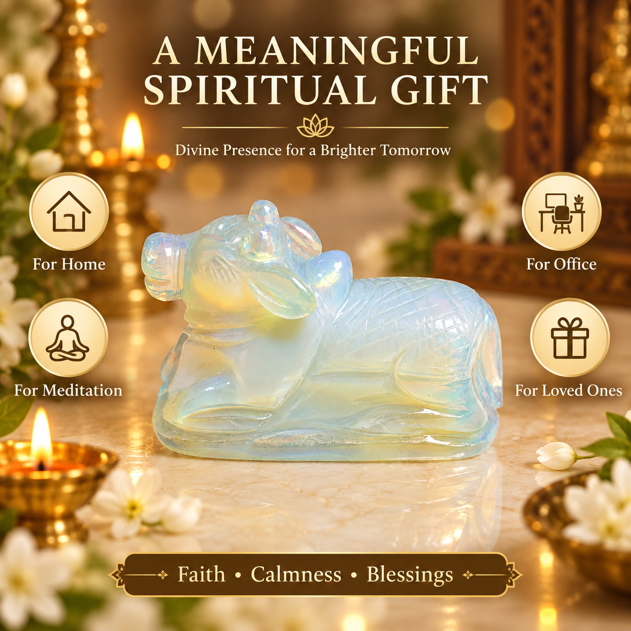 OPALITE CRYSTAL NANDI JI (MOON STONE)  SIZE: 3 INCHES, 150 GMS