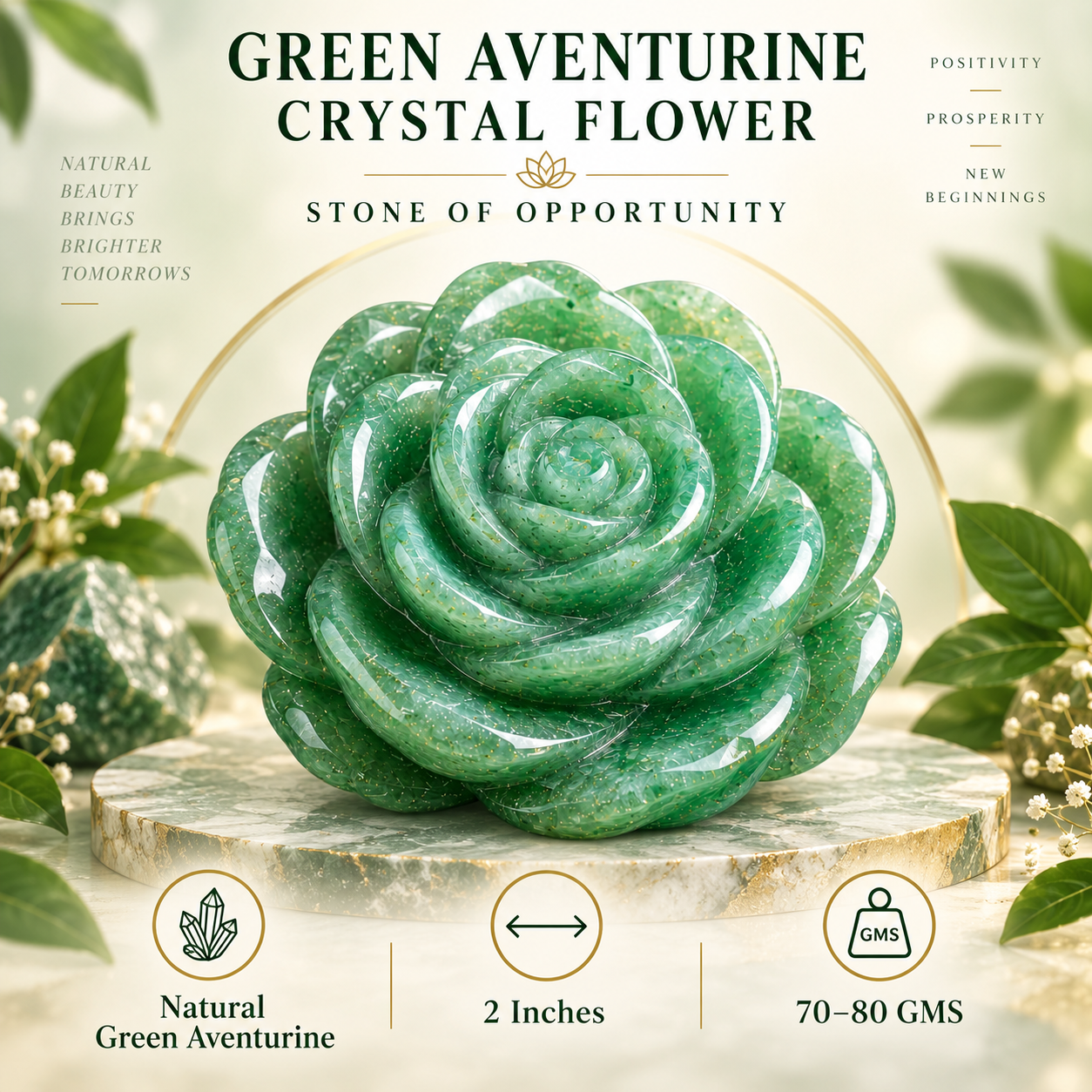 GREEN AVENTURINE CRYSTAL FLOWER (STONE OF OPPORTUNITY) SIZE: 2 INCHES, 80-100 GMS