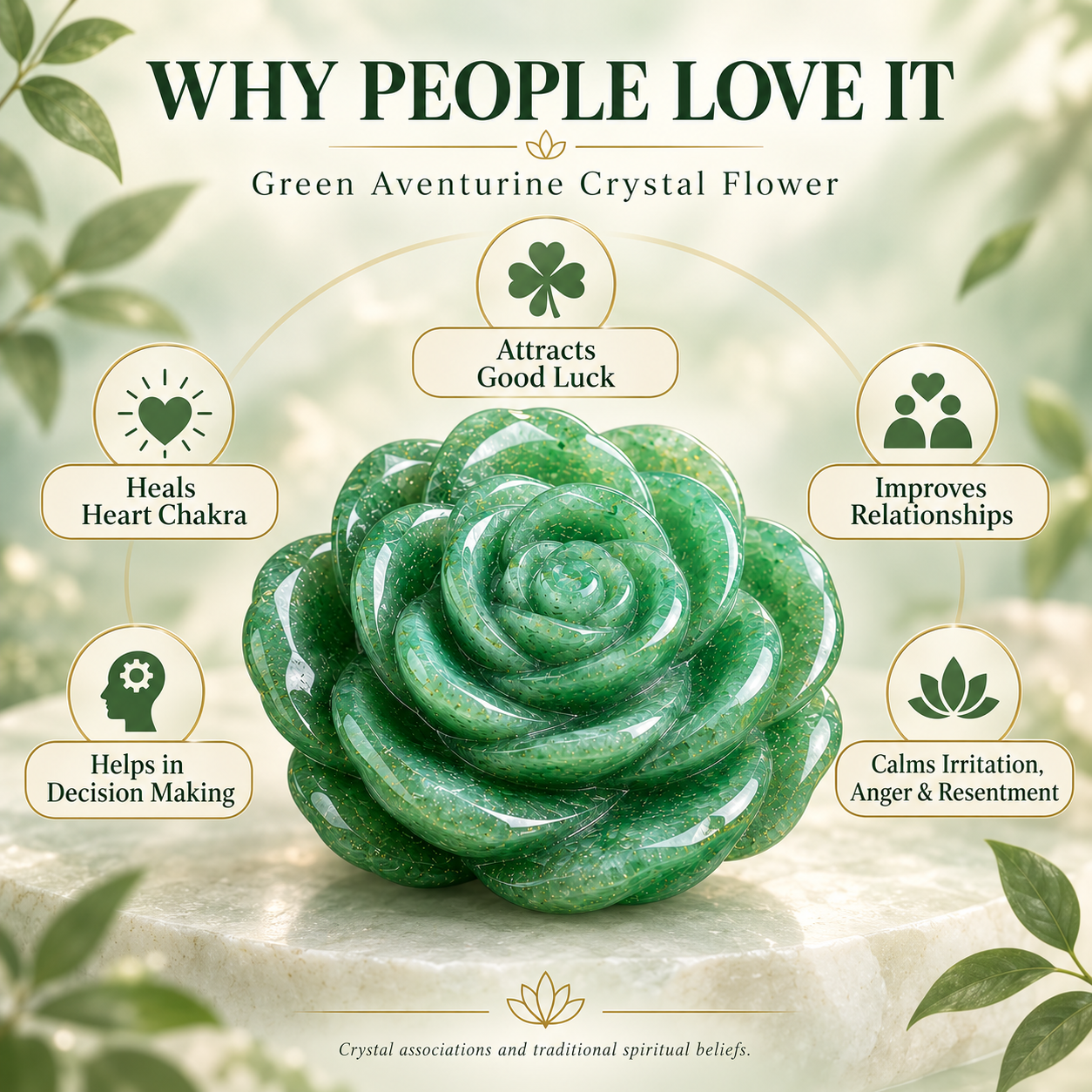 GREEN AVENTURINE CRYSTAL FLOWER (STONE OF OPPORTUNITY) SIZE: 2 INCHES, 80-100 GMS