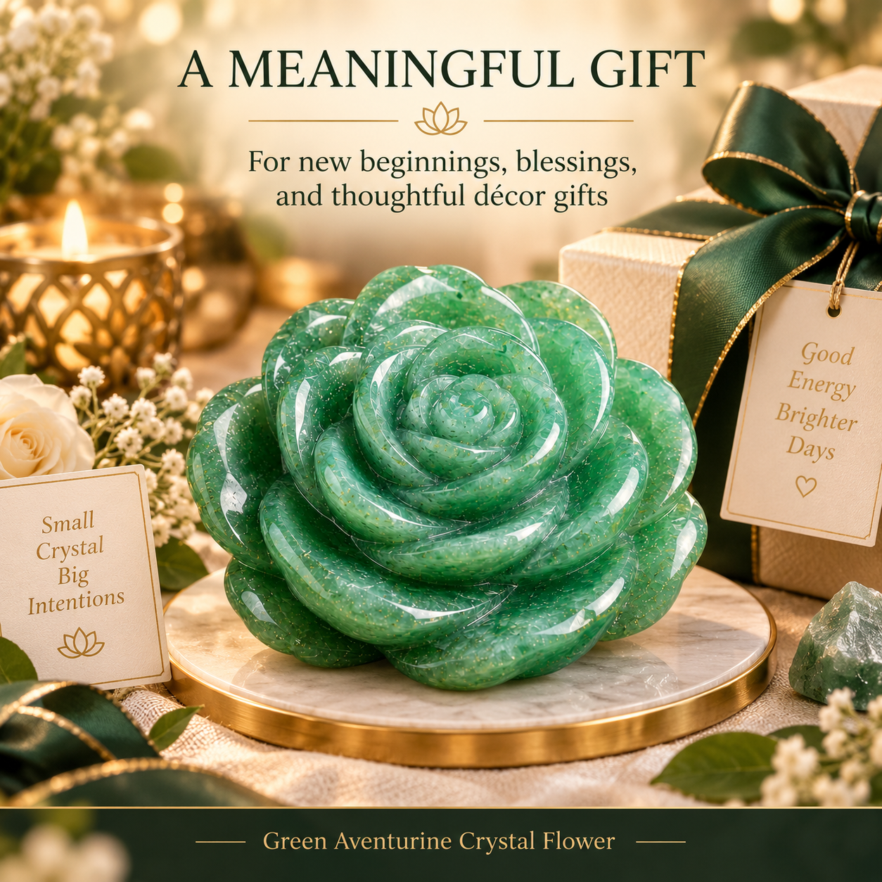GREEN AVENTURINE CRYSTAL FLOWER (STONE OF OPPORTUNITY) SIZE: 2 INCHES, 80-100 GMS