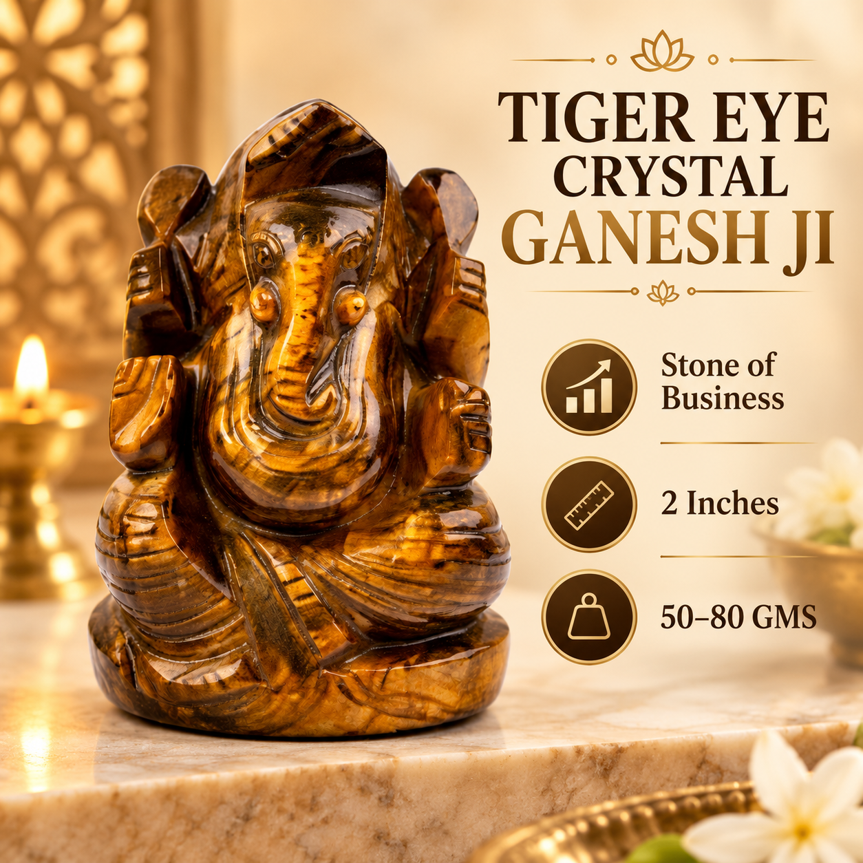 TIGER EYE CRYSTAL GANESH JI (STONE OF BUSINESS) SIZE: 2 INCHES, 80-100 GMS