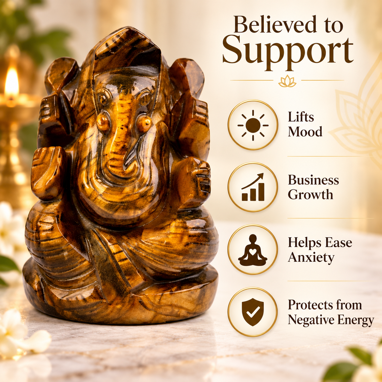 TIGER EYE CRYSTAL GANESH JI (STONE OF BUSINESS) SIZE: 2 INCHES, 80-100 GMS