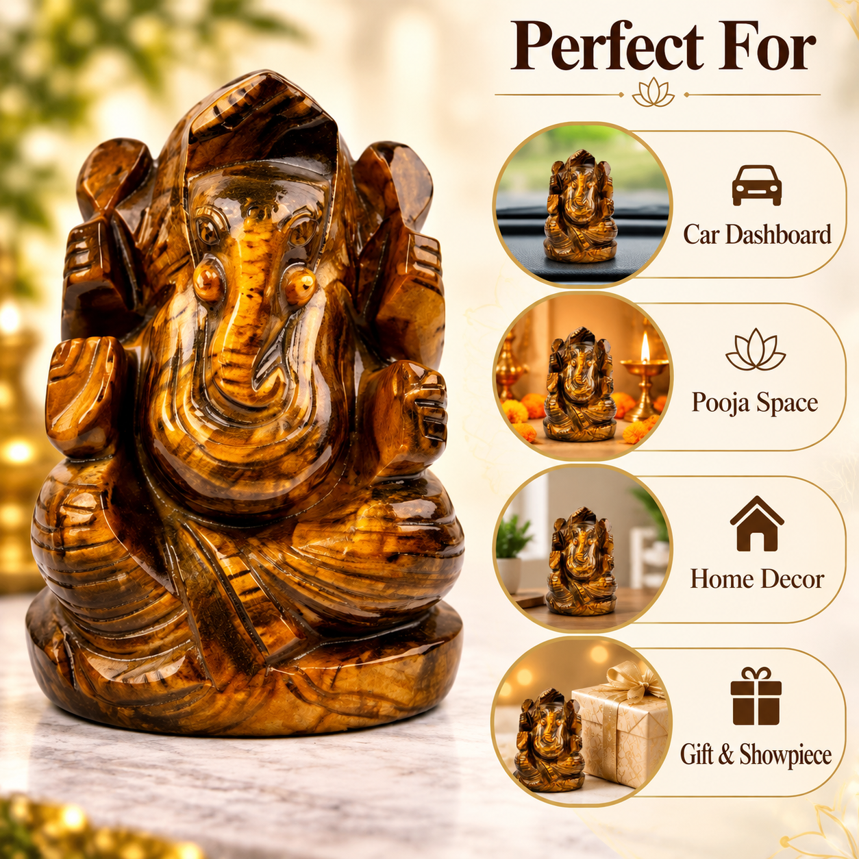 TIGER EYE CRYSTAL GANESH JI (STONE OF BUSINESS) SIZE: 2 INCHES, 80-100 GMS