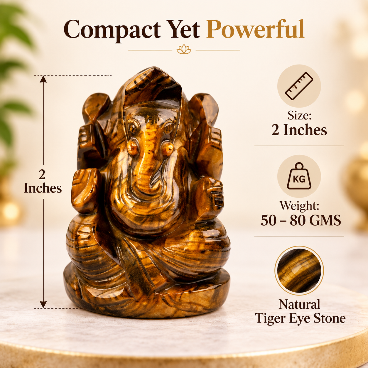 TIGER EYE CRYSTAL GANESH JI (STONE OF BUSINESS) SIZE: 2 INCHES, 80-100 GMS