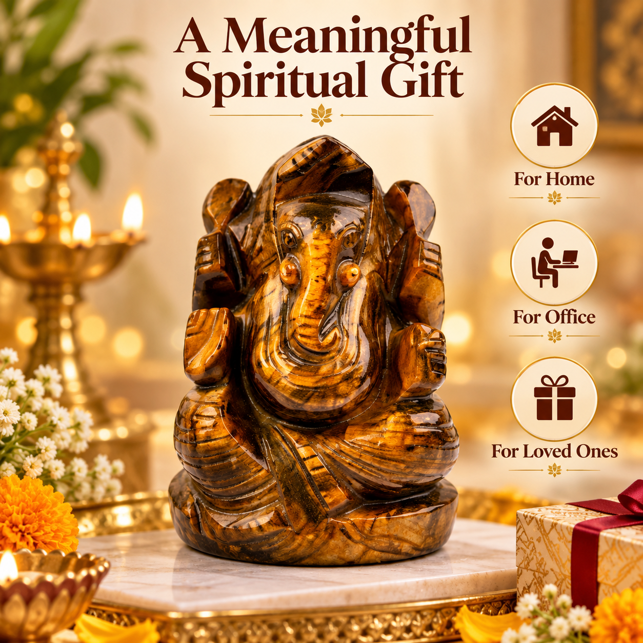 TIGER EYE CRYSTAL GANESH JI (STONE OF BUSINESS) SIZE: 2 INCHES, 80-100 GMS