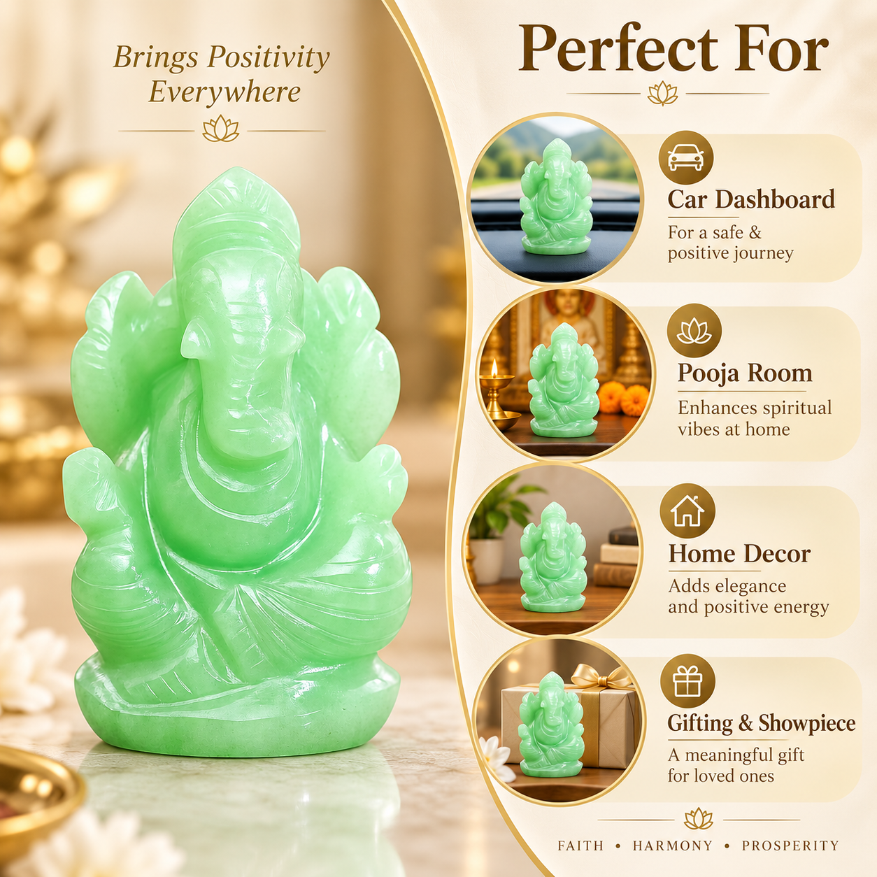 GREEN AVENTURINE CRYSTAL GANESH JI (STONE OF OPPORTUNITY) SIZE: 2 INCHES, 80-100 GMS