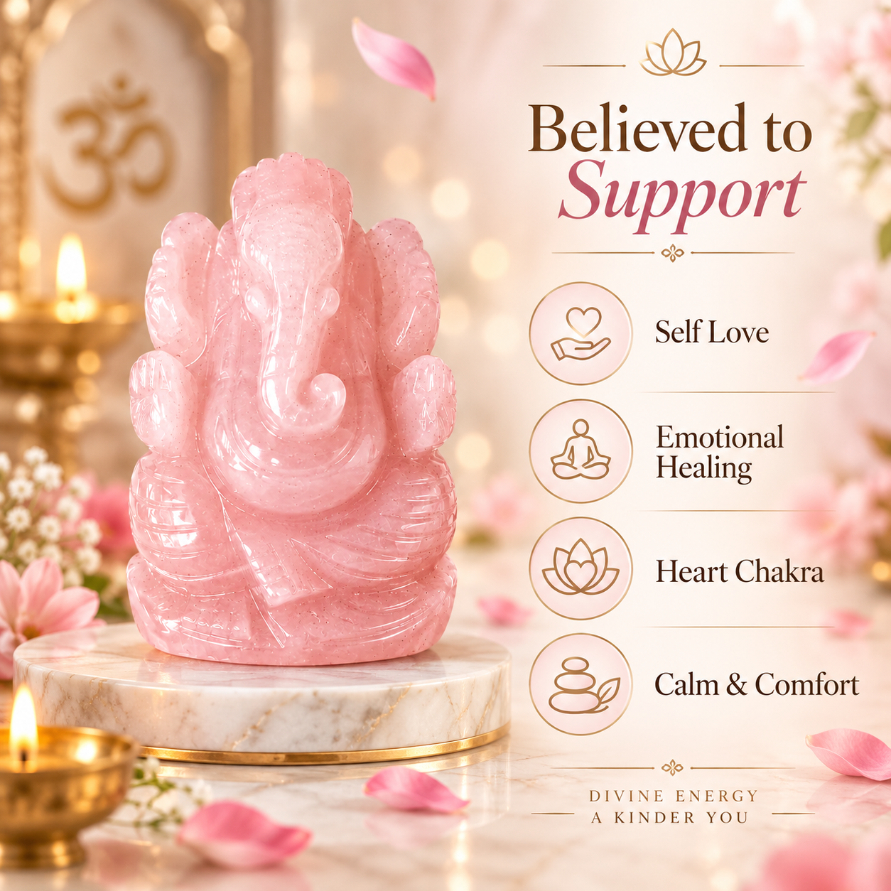 ROSE QUARTZ CRYSTAL GANESH JI (LOVE STONE) SIZE: 2 INCHES, 80-100 GMS