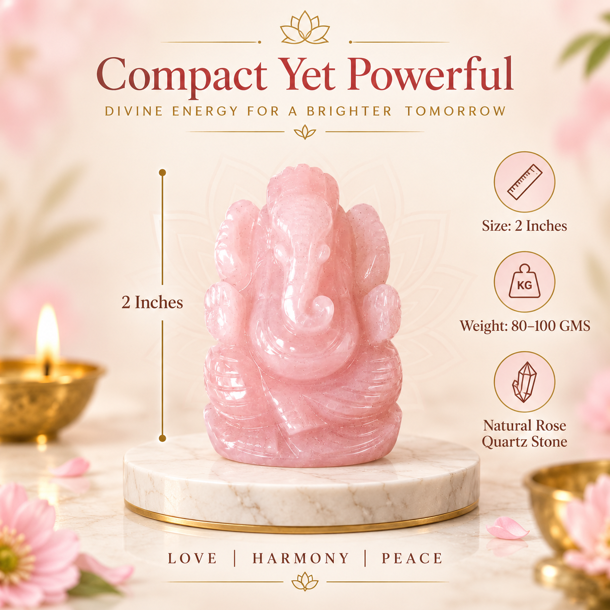 ROSE QUARTZ CRYSTAL GANESH JI (LOVE STONE) SIZE: 2 INCHES, 80-100 GMS
