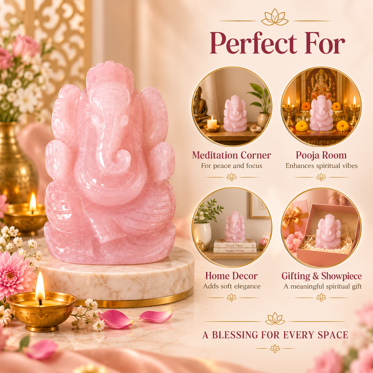 ROSE QUARTZ CRYSTAL GANESH JI (LOVE STONE) SIZE: 2 INCHES, 80-100 GMS
