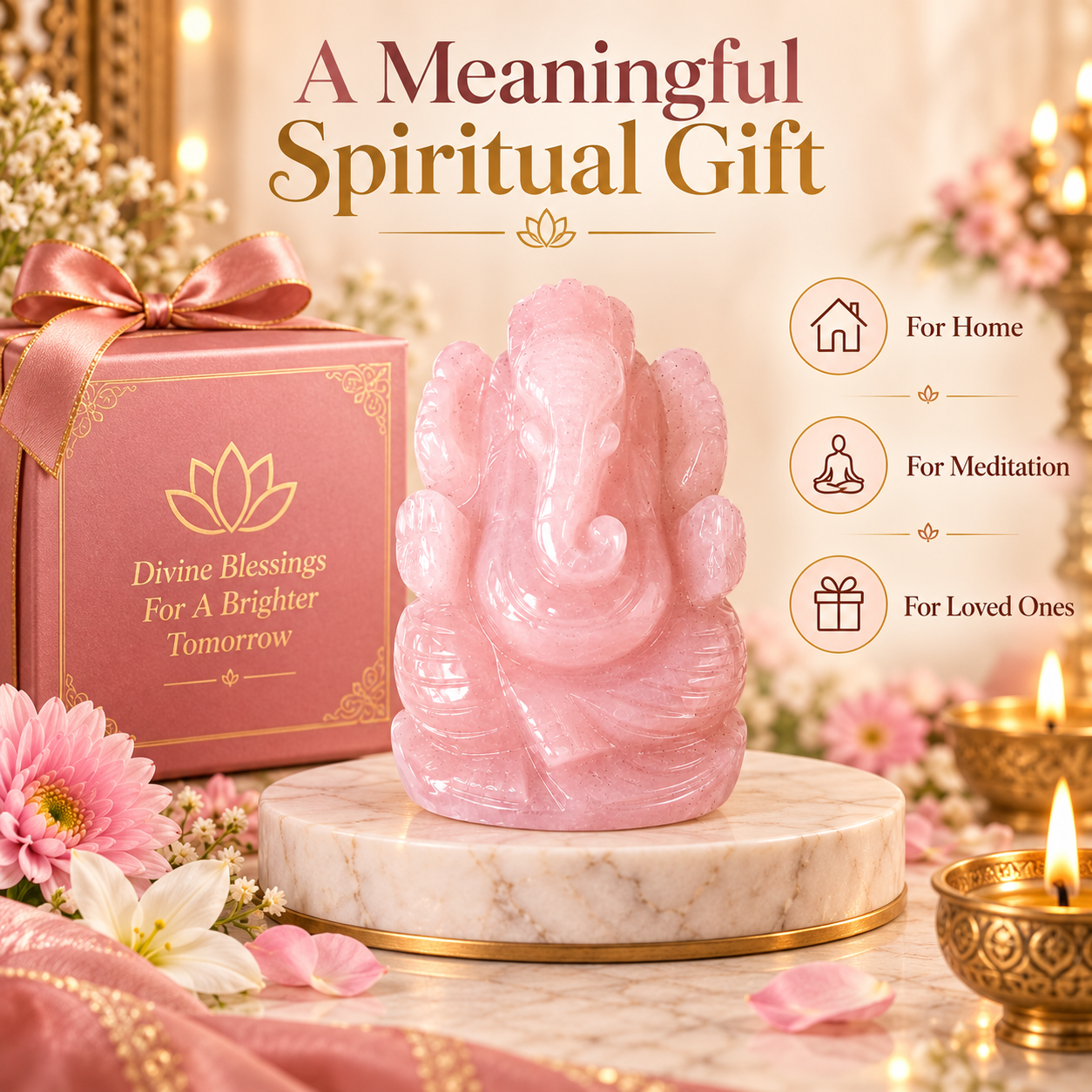 ROSE QUARTZ CRYSTAL GANESH JI (LOVE STONE) SIZE: 2 INCHES, 80-100 GMS