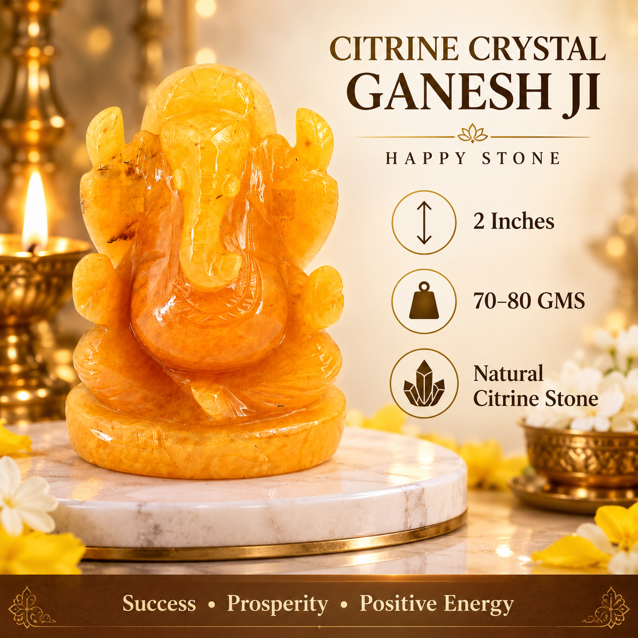 CITRINE CRYSTAL GANESH JI (HAPPY STONE) SIZE: 2 INCHES, 80-100 GMS