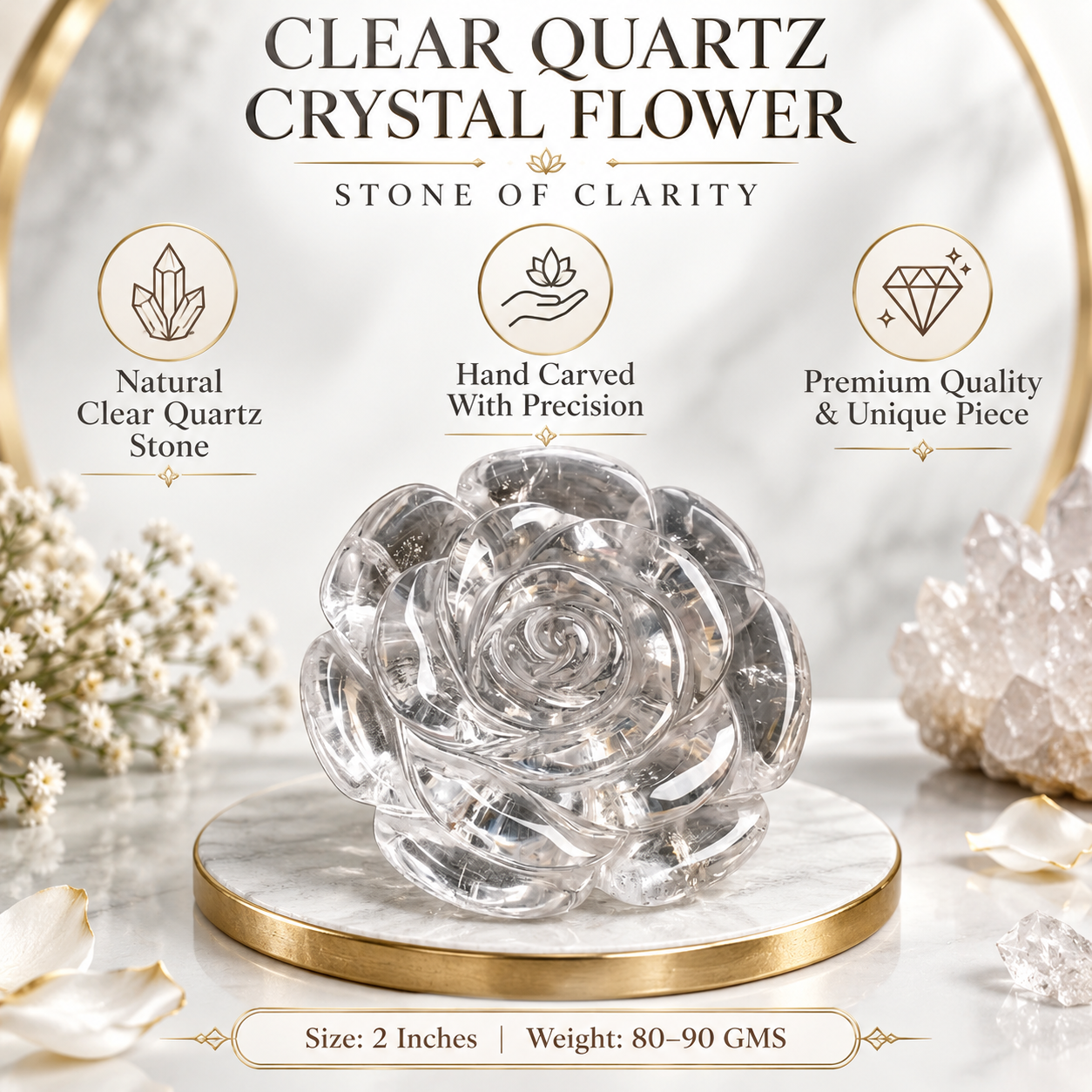 CLEAR QUARTZ CRYSTAL FLOWER (STONE OF POWER) SIZE: 2 INCHES, 80-100 GMS