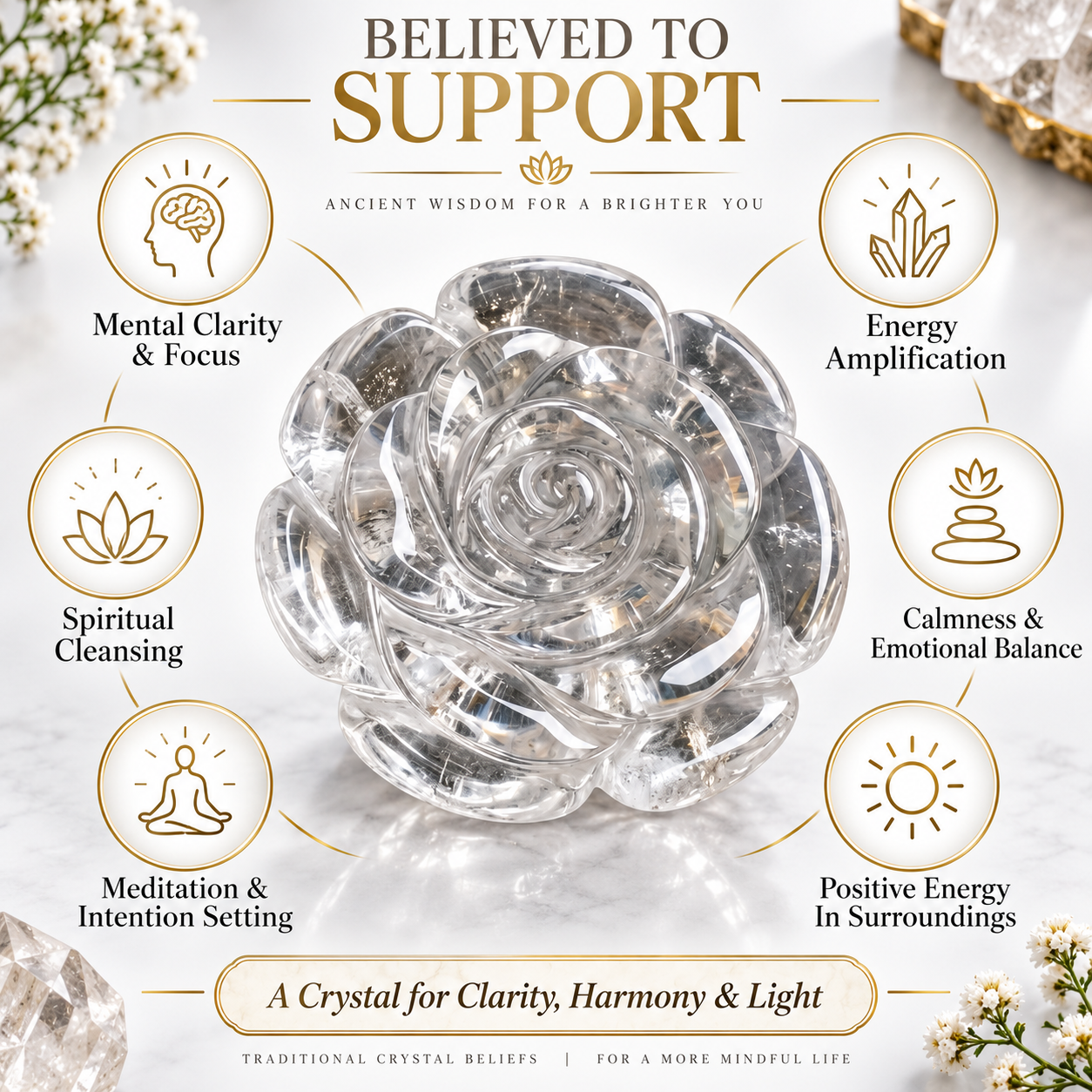 CLEAR QUARTZ CRYSTAL FLOWER (STONE OF POWER) SIZE: 2 INCHES, 80-100 GMS