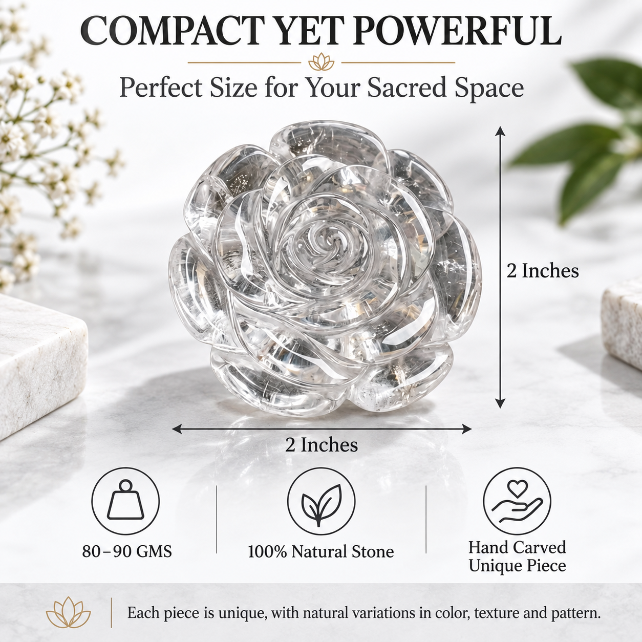 CLEAR QUARTZ CRYSTAL FLOWER (STONE OF POWER) SIZE: 2 INCHES, 80-100 GMS