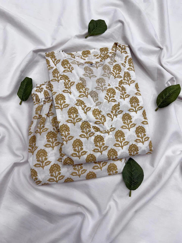 Cotton White Buti Print Top & Bottom Set