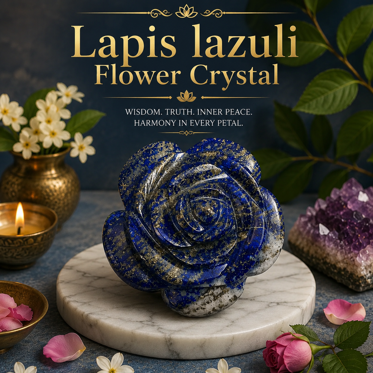 LAPIS LAZULI CRYSTAL FLOWER (STONE OF GOD) SIZE: 2 INCHES, 75-100 GMS