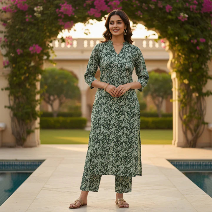Green Cotton Top & Bottom Set