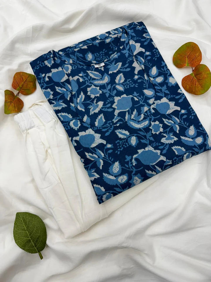 Cotton Indigo Blue Top & Bottom Set