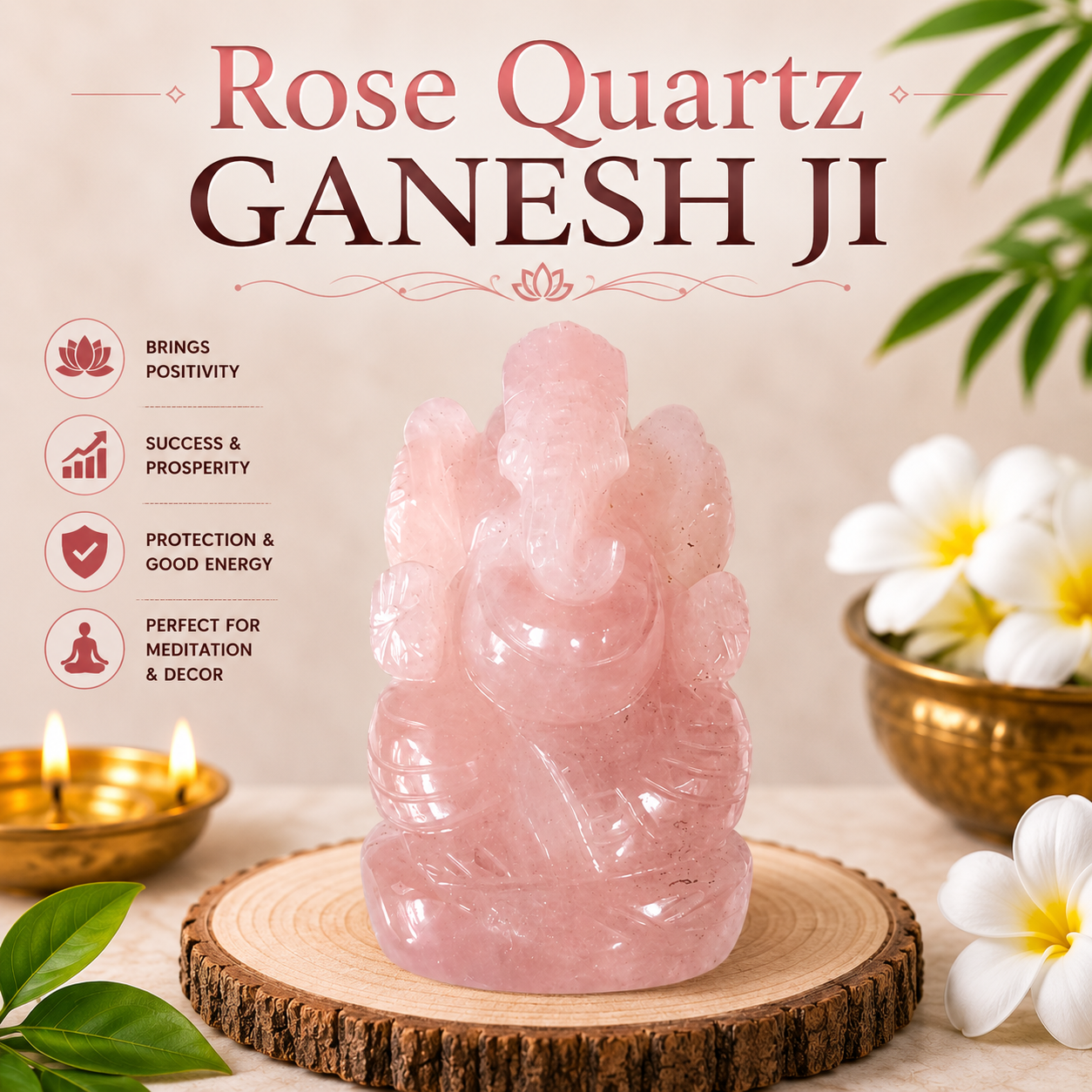 ROSE QUARTZ CRYSTAL GANESH JI (LOVE STONE) SIZE: 2 INCHES, 80-100 GMS