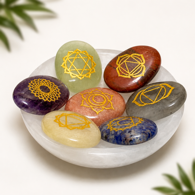 MANIFESTATION BOWL  COMBO: QUARTZ BOWL AND 7 CHAKRA BALANCE CRYSTALS