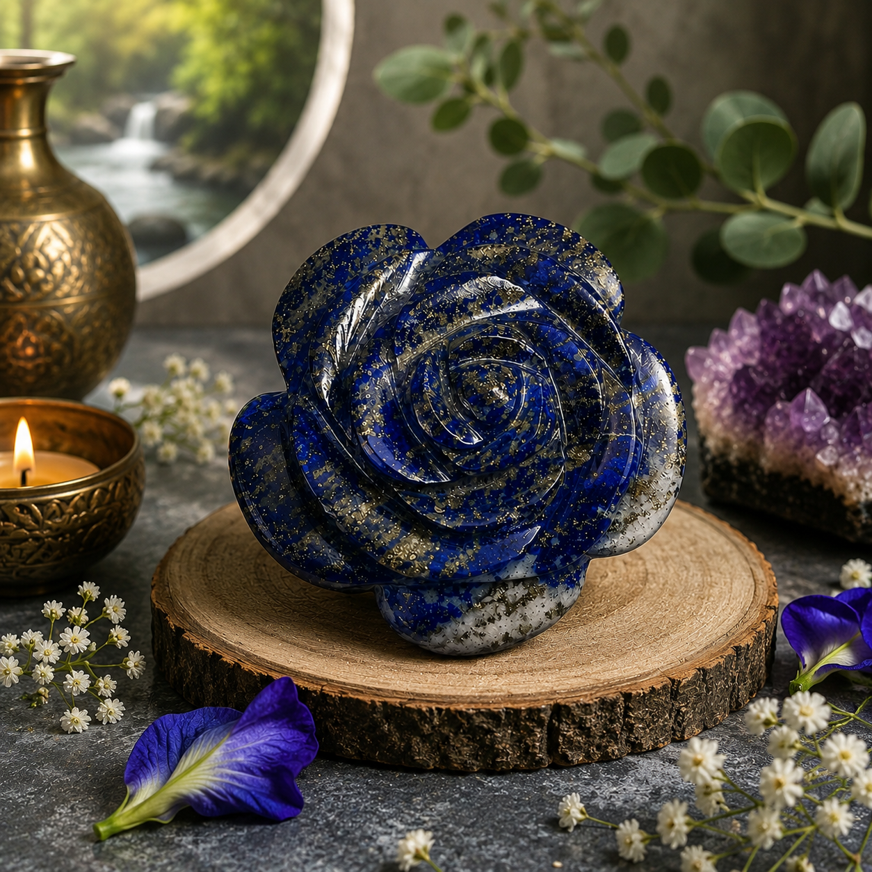 LAPIS LAZULI CRYSTAL FLOWER (STONE OF GOD) SIZE: 2 INCHES, 75-100 GMS