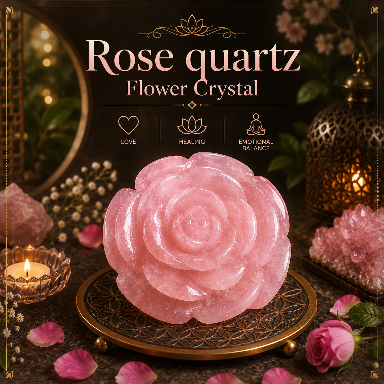ROSE QUARTZ CRYSTAL FLOWER (LOVE STONE) SIZE: 2 INCHES, 80-100 GMS