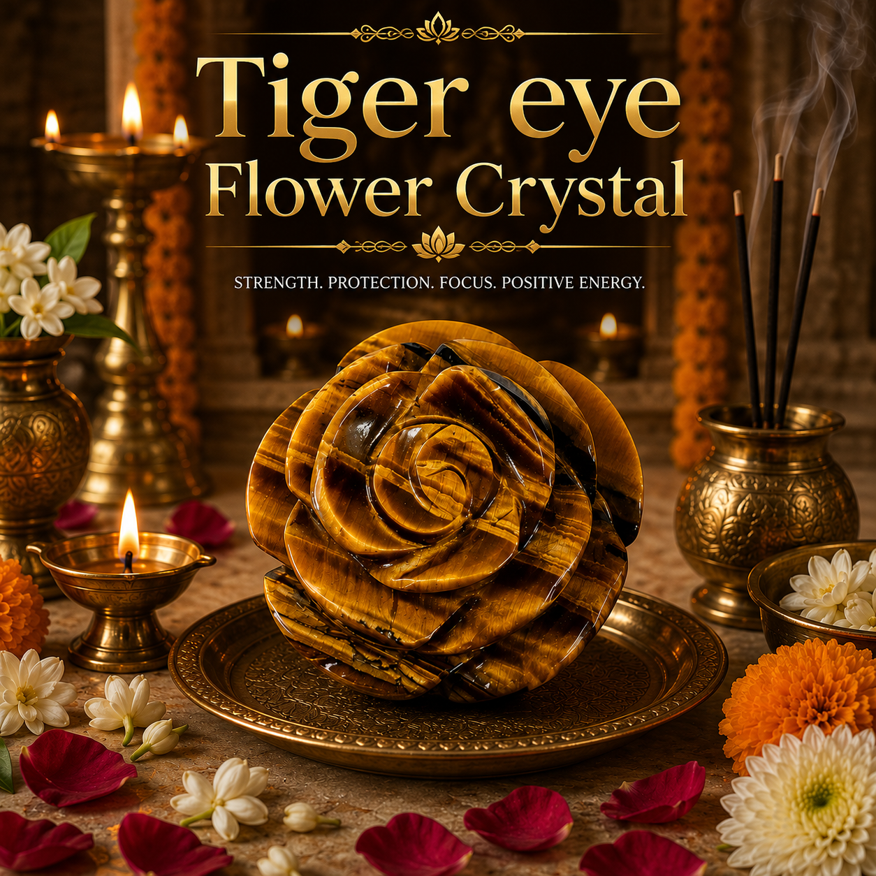 TIGER EYE CRYSTAL FLOWER (STONE OF BUSINESS) SIZE: 2 INCHES, 50-80 GMS