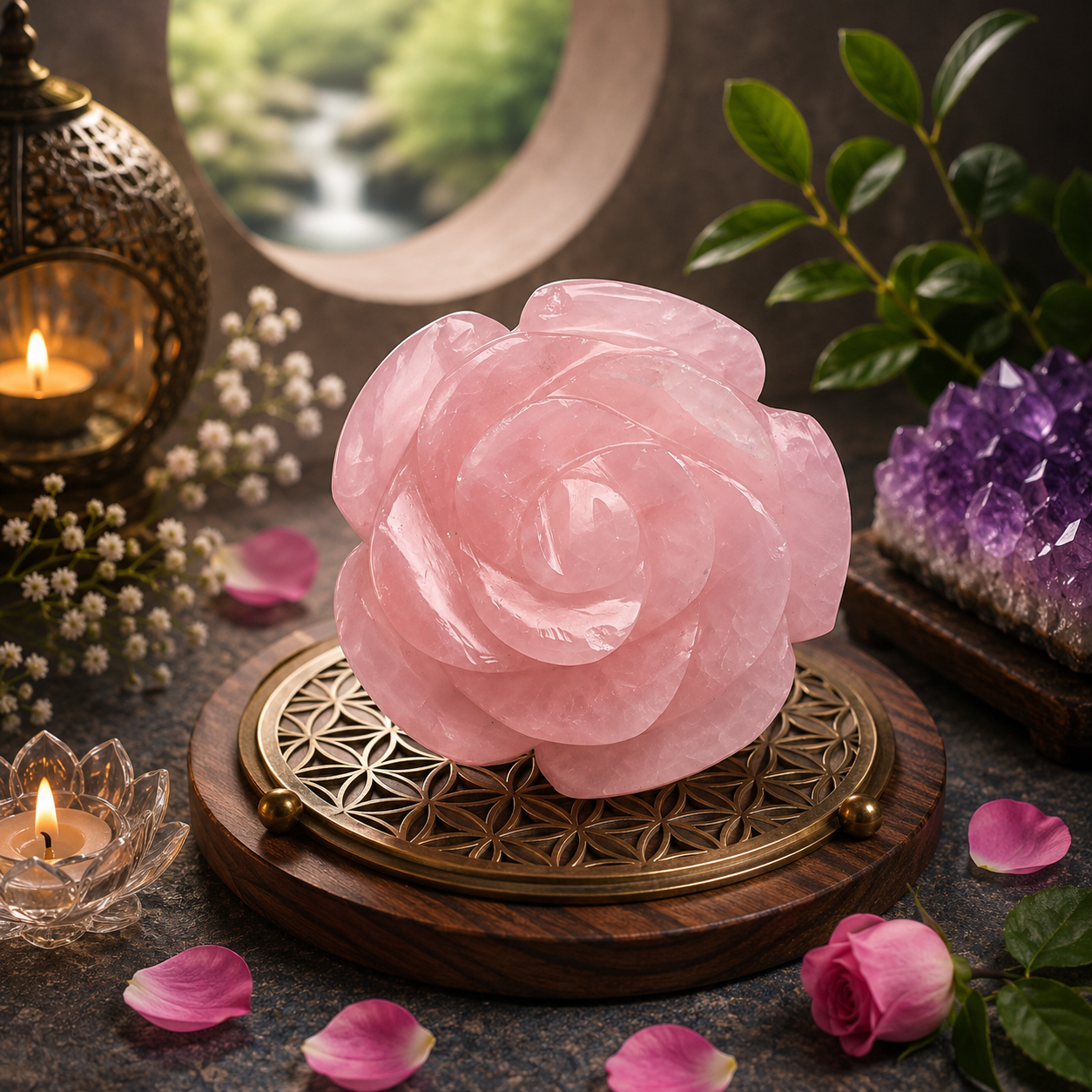 ROSE QUARTZ CRYSTAL FLOWER (LOVE STONE) SIZE: 2 INCHES, 80-100 GMS