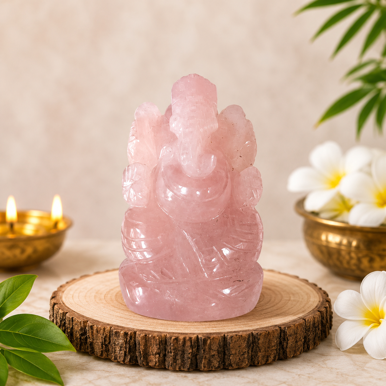 ROSE QUARTZ CRYSTAL GANESH JI (LOVE STONE) SIZE: 2 INCHES, 80-100 GMS