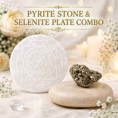 COMBO PYRITE STONE (100-150 GMS) AND SELENITE PLATE WITH SHRI YANTRA ENGRAVED