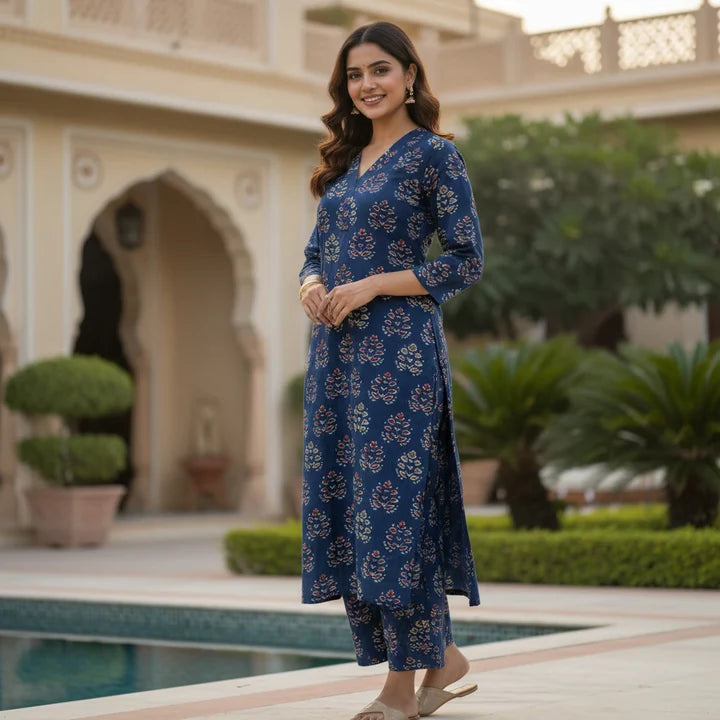 Indigo Bagru Handblock Print Top & Bottom Set for Women