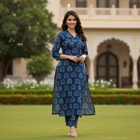 Indigo Bagru Handblock Print Top & Bottom Set for Women